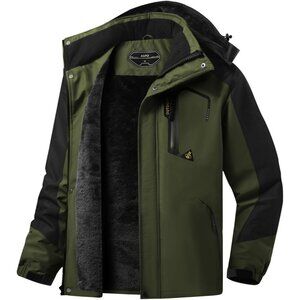 Men's Army Green Waterproof Winter Warm Snow Coat Fleece Lined Hiking Ski Jacket